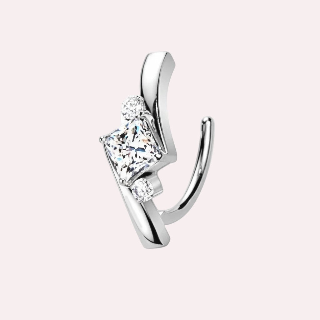 MKBodyJewelry Princess Cut Gemstone Ear Cuff with dazzling princess-cut gemstone and two smaller stones in sterling silver.