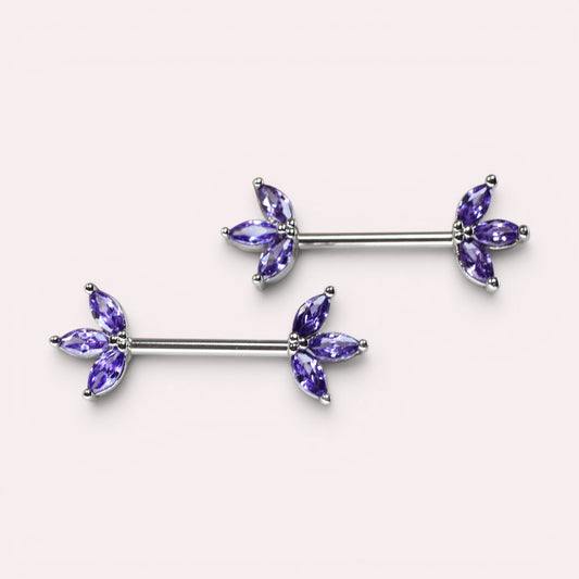 MKBodyJewelry 14G surgical steel nipple barbells featuring purple marquise-cut lotus leaf floral gem designs.