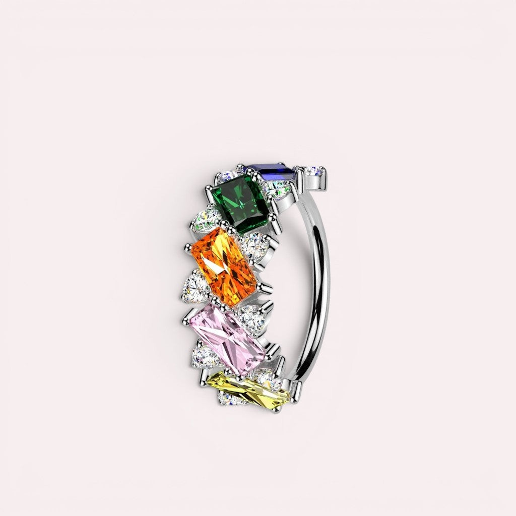 MKBodyJewelry 20g gold nose hoop with rainbow baguette cubic zirconia stones in surgical steel.