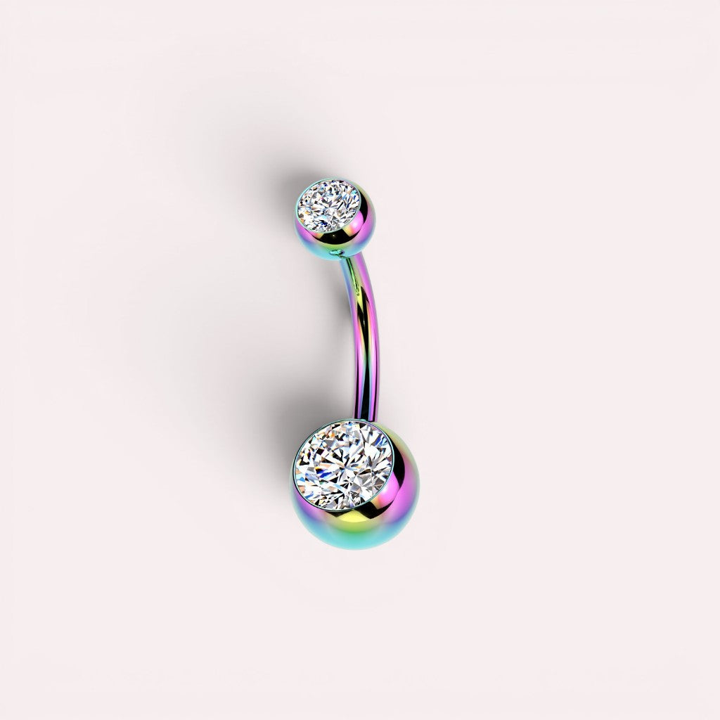 MKBodyJewelry internally threaded titanium belly button ring with iridescent rainbow finish and double CZ jewels.
