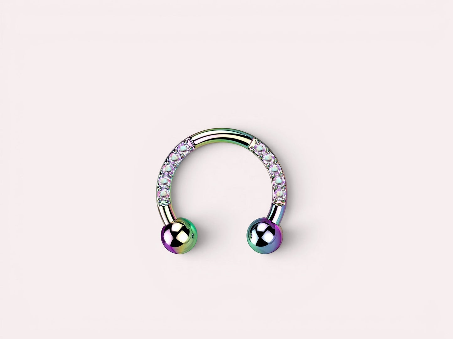 MKBodyJewelry rainbow titanium horseshoe earring with pave CZ sides and ball ends