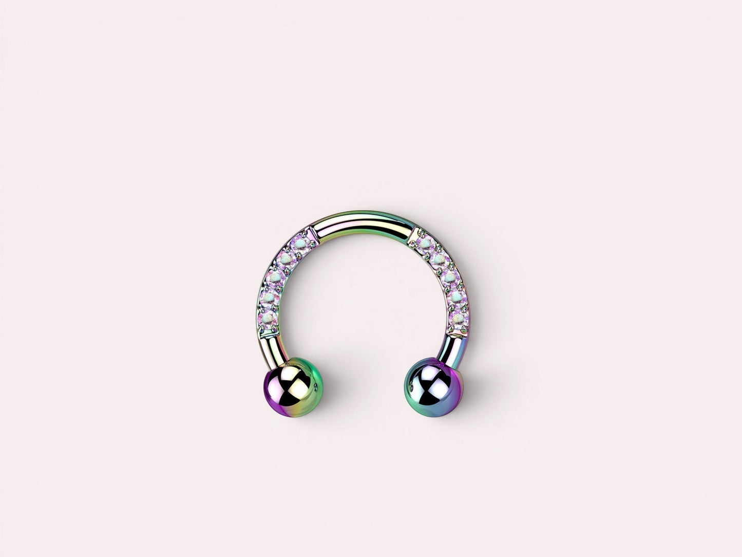 MKBodyJewelry rainbow titanium horseshoe earring with pave CZ sides and ball ends