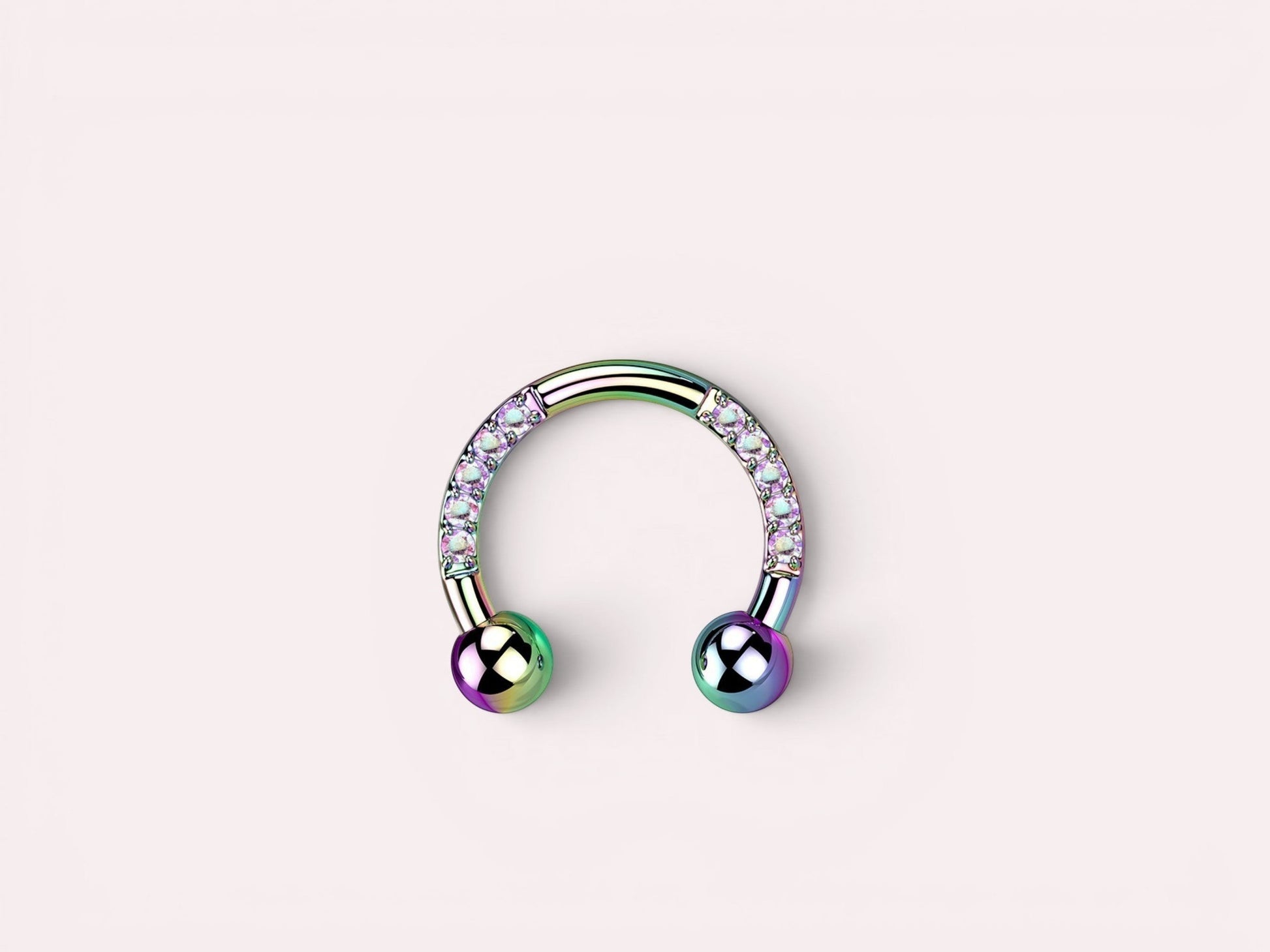 MKBodyJewelry rainbow titanium horseshoe earring with pave CZ sides and ball ends