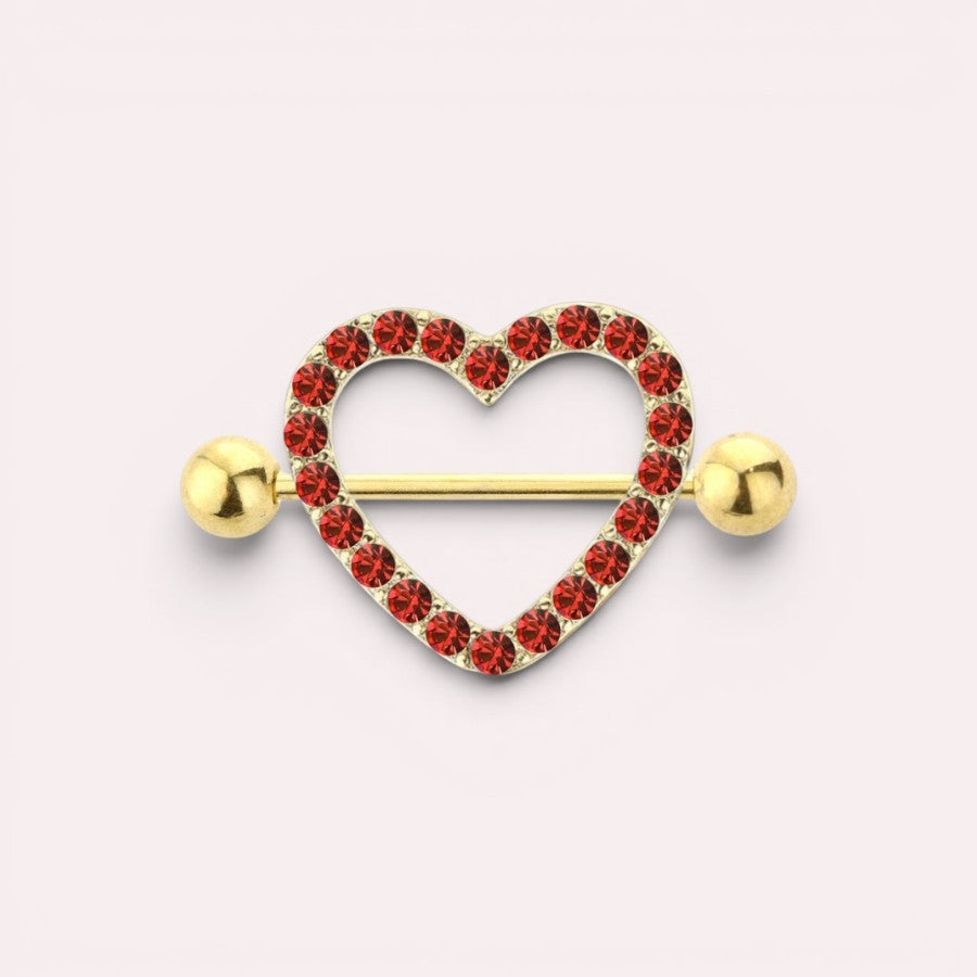 MKBodyJewelry 14g gold surgical steel nipple barbell with a red heart-shaped shield paved with sparkling red gemstones.