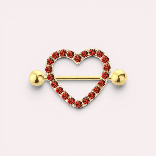MKBodyJewelry 14g gold surgical steel nipple barbell with a red heart-shaped shield paved with sparkling red gemstones.