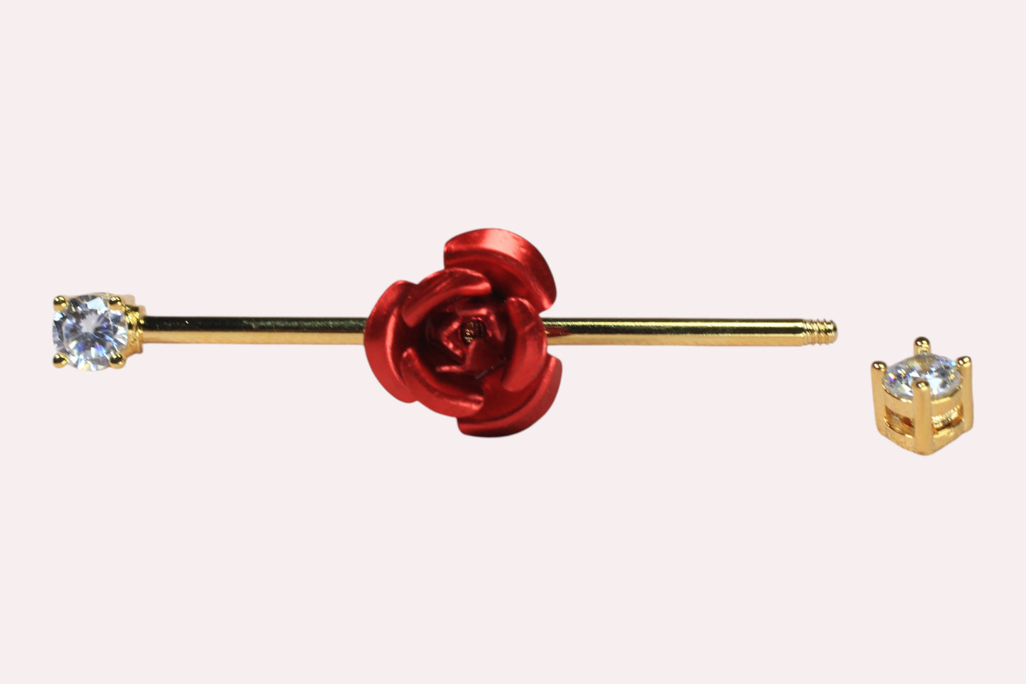 MKBodyJewelry 14G red rose floral industrial barbell, 35mm surgical steel cartilage scaffold bar with clear cubic zirconia ends.