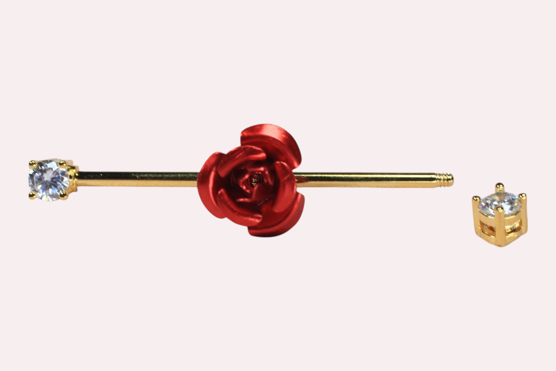 MKBodyJewelry 14G red rose floral industrial barbell, 35mm surgical steel cartilage scaffold bar with clear cubic zirconia ends.
