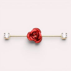 MKBodyJewelry 14G red rose floral industrial barbell, 35mm surgical steel cartilage scaffold bar with clear crystals.