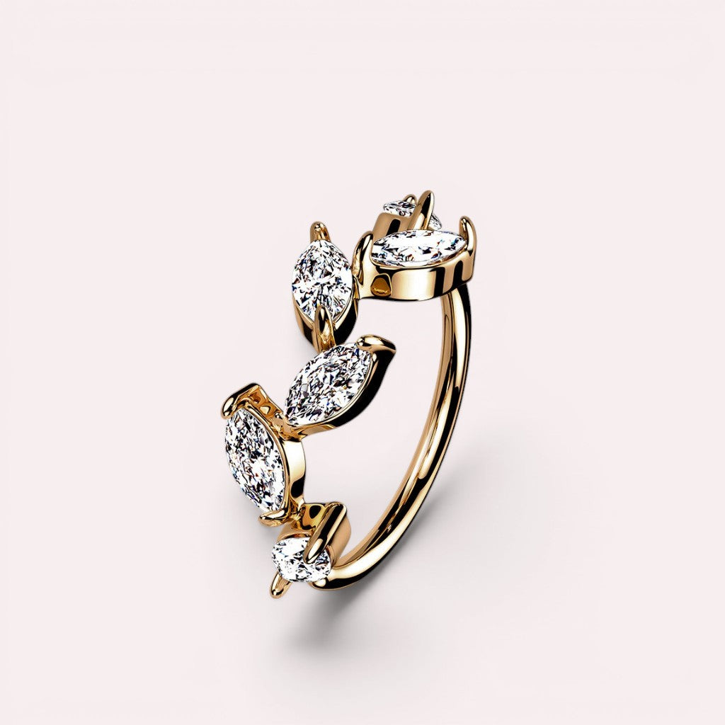 MKBodyJewelry 20g rose gold surgical steel nose hoop featuring a delicate leaf design with sparkling CZ stones.