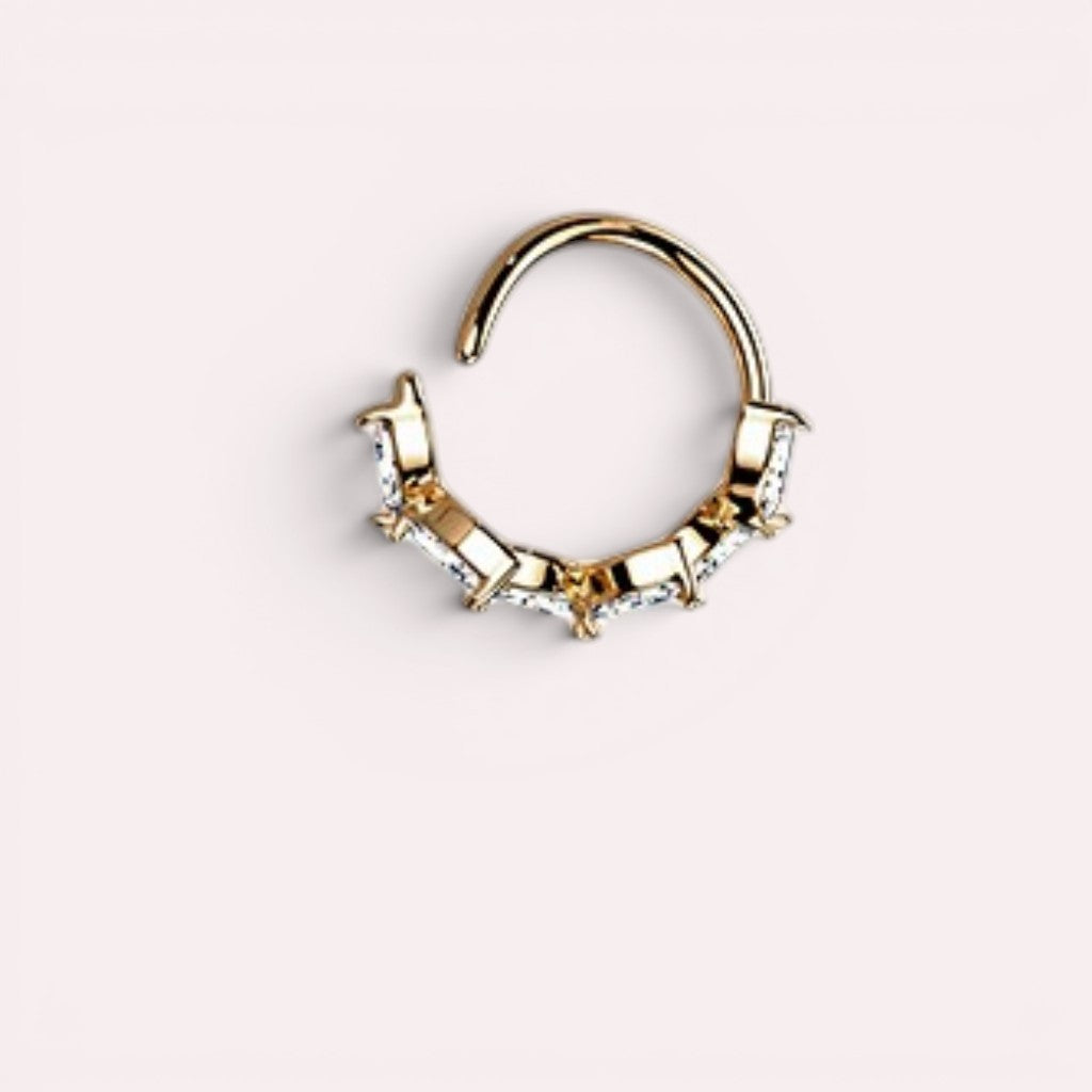MKBodyJewelry rose gold surgical steel nose hoop with a dainty leaf design featuring sparkling CZ stones
