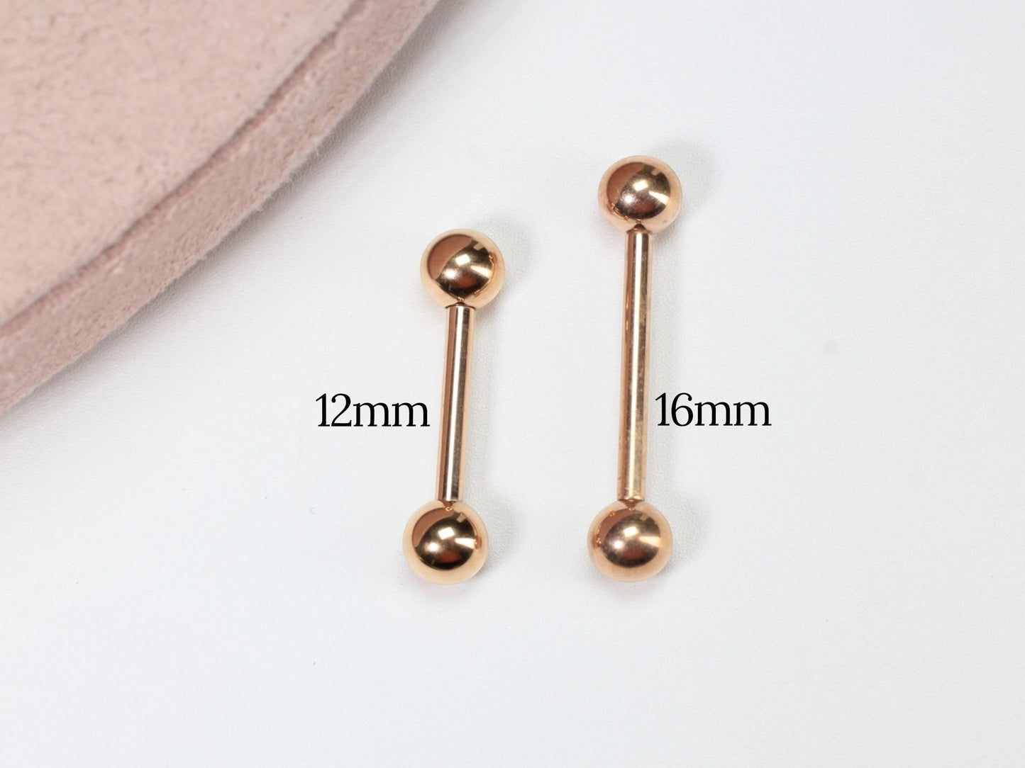MKBodyJewelry rose gold titanium 14g internally threaded nipple barbell, 12mm and 16mm lengths. Minimalist hypoallergenic piercing jewelry.