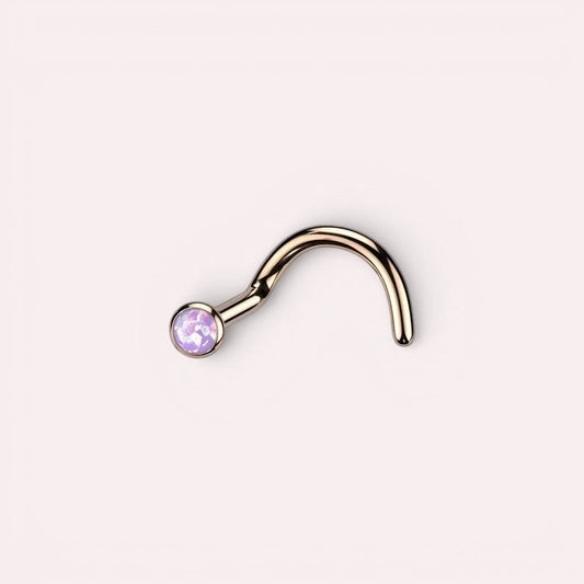 MKBodyJewelry rose gold titanium nose stud with a 2.5mm round opal gem and secure corkscrew post for sensitive skin.
