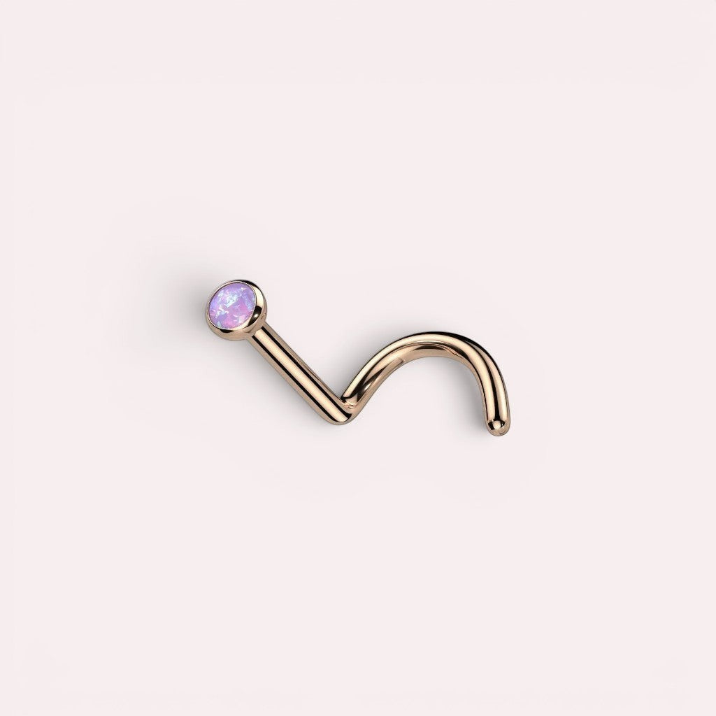 MKBodyJewelry rose gold titanium nose stud with a round opal gem and a secure S-shape corkscrew post.