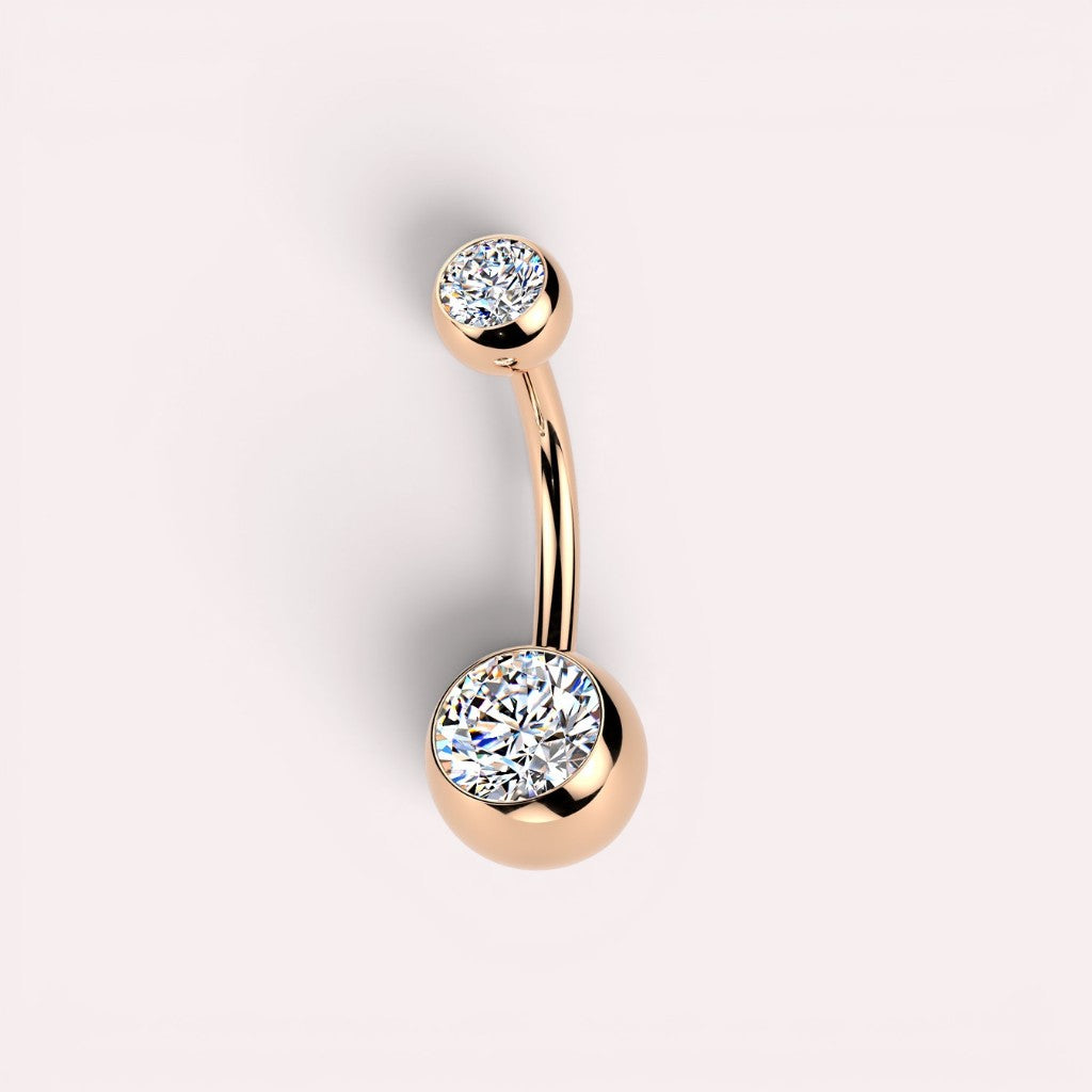 MKBodyJewelry rose gold titanium belly button ring with two sparkling CZ jewels in a sleek internally threaded design