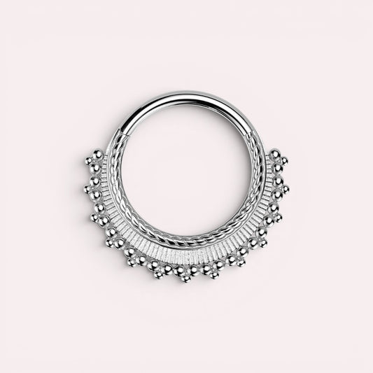 MKBodyJewelry 16g silver beaded surgical steel septum clicker ring with tribal design and hinged closure.