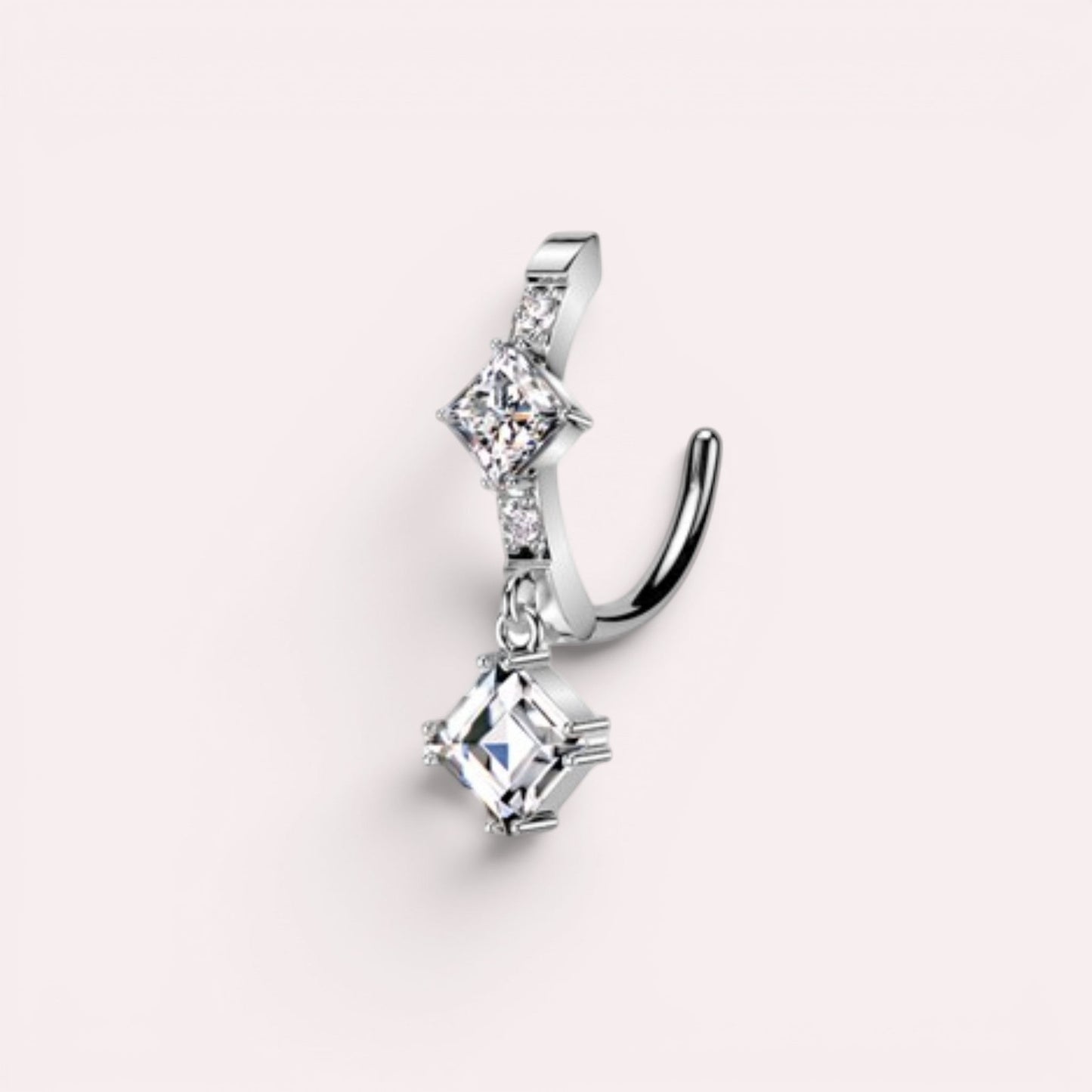 MKBodyJewelry 14g silver surgical steel belly ring with dangling CZ stones.