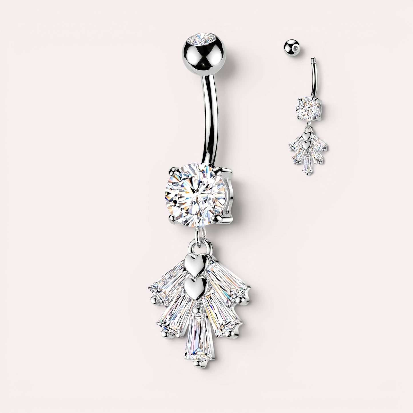 MKBodyJewelry silver-tone belly button ring with large cubic zirconia and dangling fan charm with baguette gems and hearts.