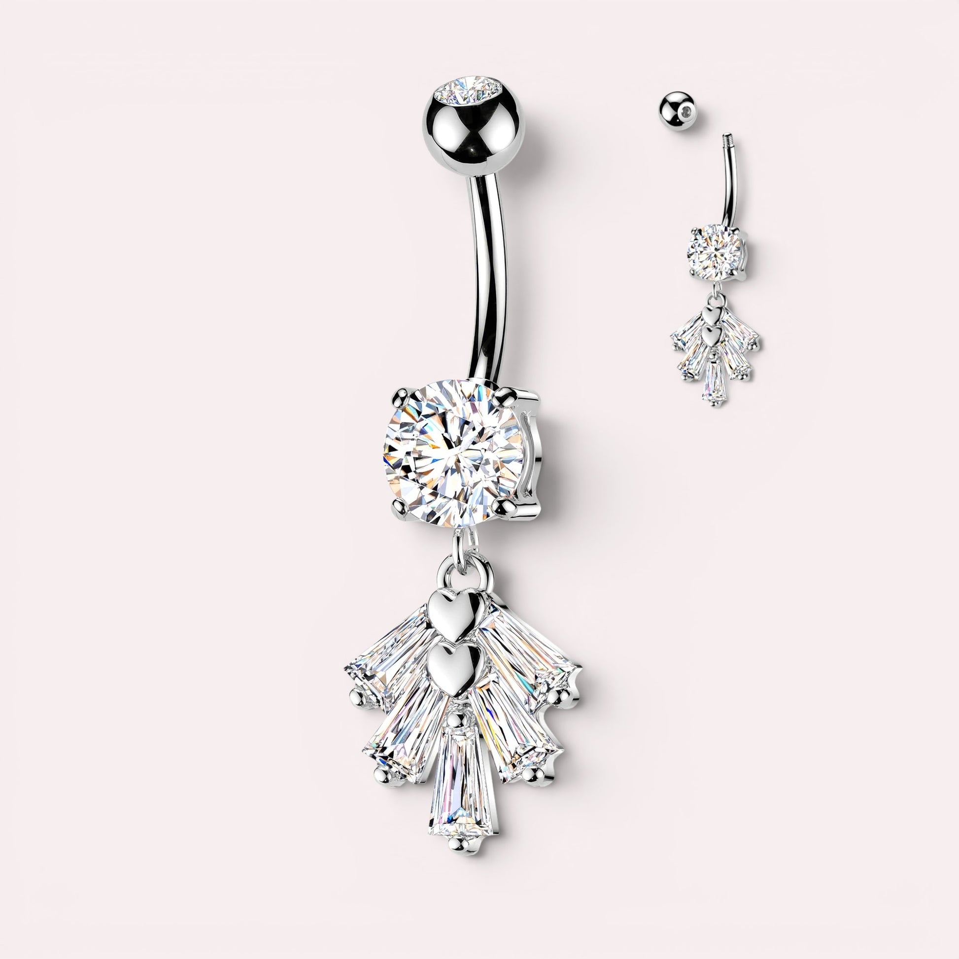 MKBodyJewelry silver-tone belly button ring with large cubic zirconia and dangling fan charm with baguette gems and hearts.