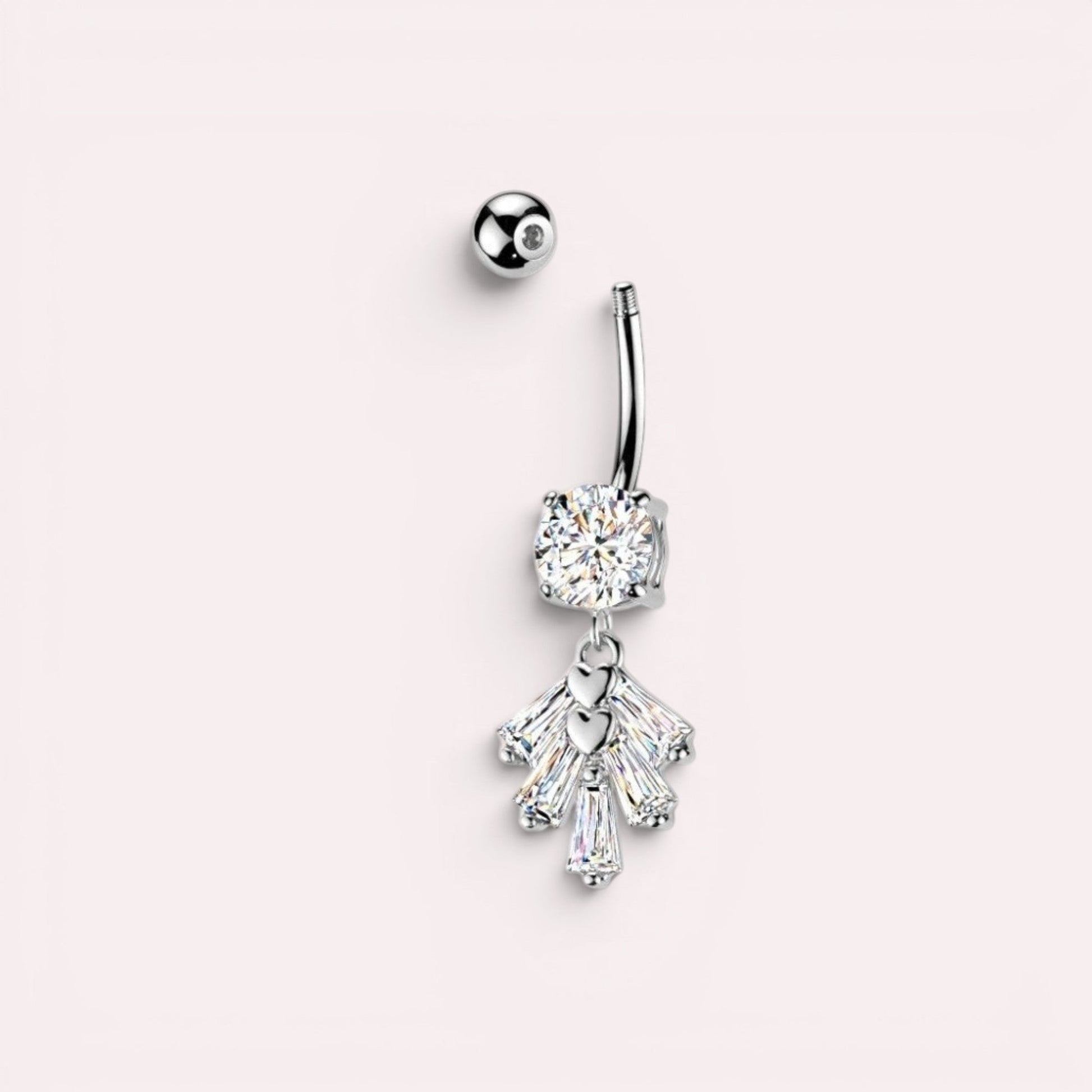 MKBodyJewelry silver-tone belly button ring with large cubic zirconia and dangling fan charm with baguette gems and hearts.