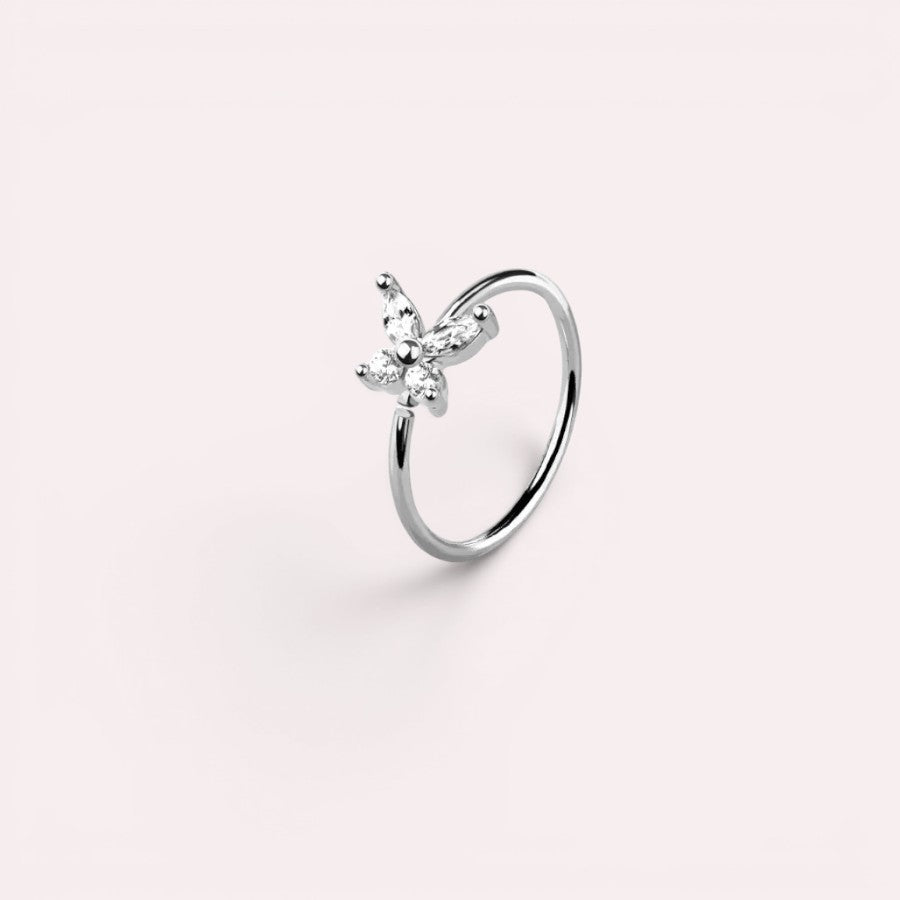 MKBodyJewelry silver butterfly nose hoop ring with clear CZ stones, 20g surgical steel bendable piercing jewelry.