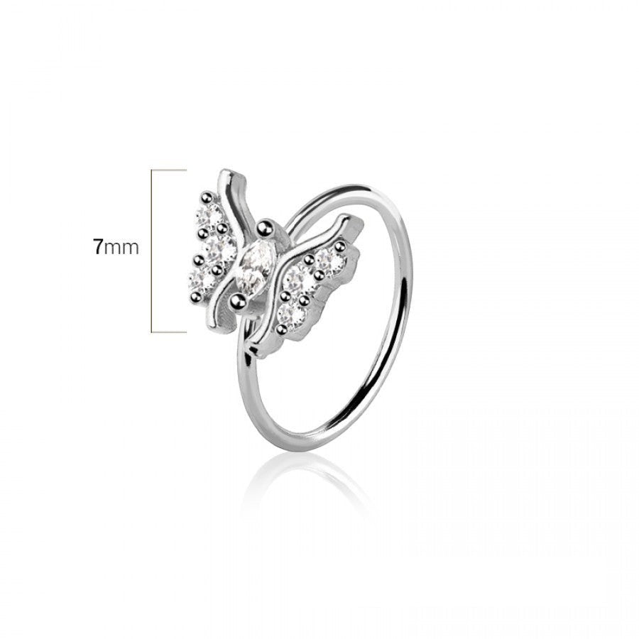 MKBodyJewelry silver butterfly nose hoop ring with clear cubic zirconia gems, 7mm size, surgical steel piercing jewelry.