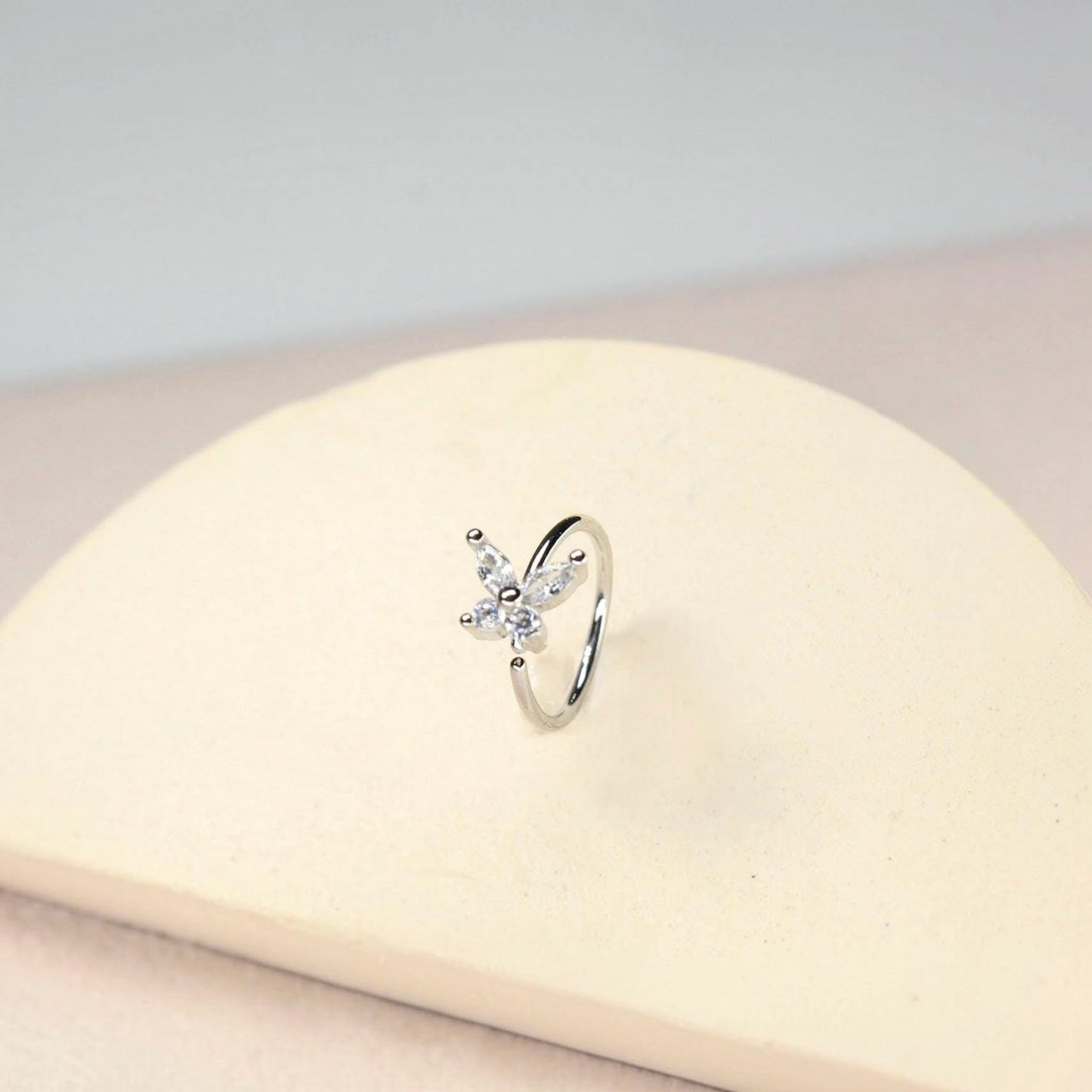 MKBodyJewelry silver butterfly nose hoop ring with clear CZ stones, 20g surgical steel bendable body jewelry