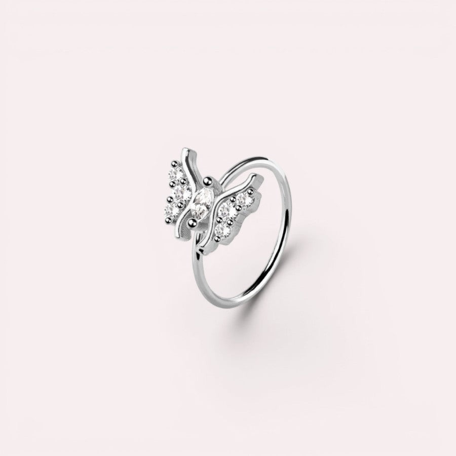 MKBodyJewelry silver butterfly nose hoop ring with clear crystal gems in a dainty surgical steel design