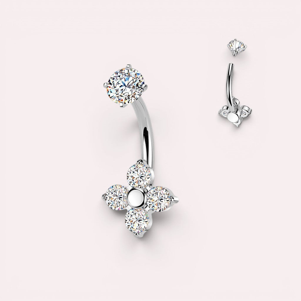MKBodyJewelry silver four petal flower belly button ring with cubic zirconia stones and curved barbell
