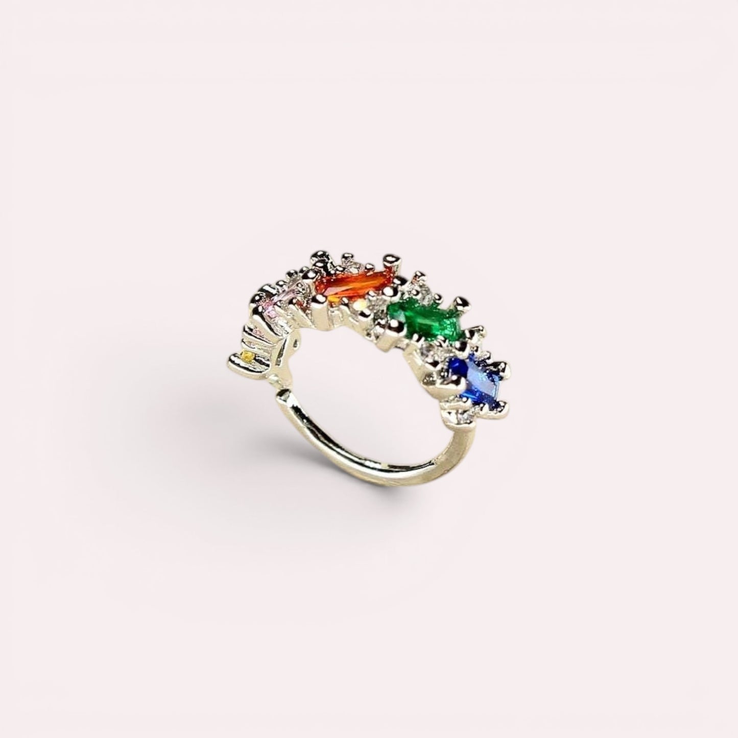 MKBodyJewelry 20g silver nose hoop with multicolor baguette cubic zirconia stones in a surgical steel setting.