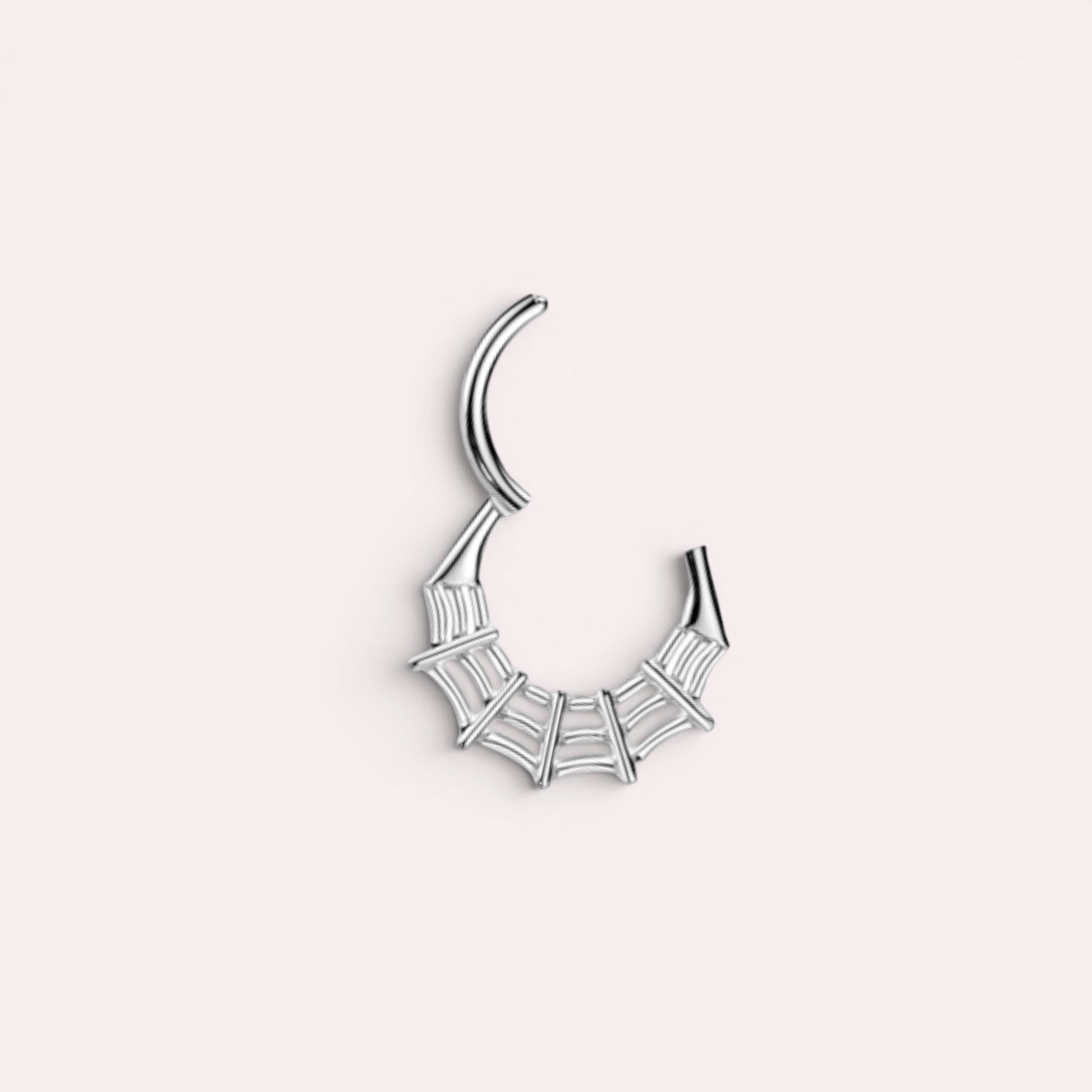 MKBodyJewelry silver spider web septum clicker ring, 16g surgical steel hinged segment hoop for daith or cartilage.