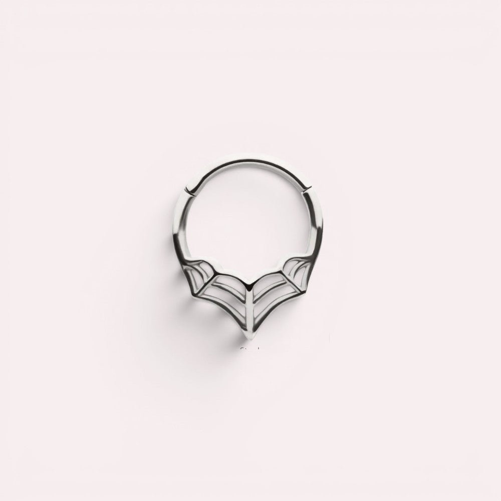 MKBodyJewelry 16G silver surgical steel spider web septum clicker ring with a hinged segment design.