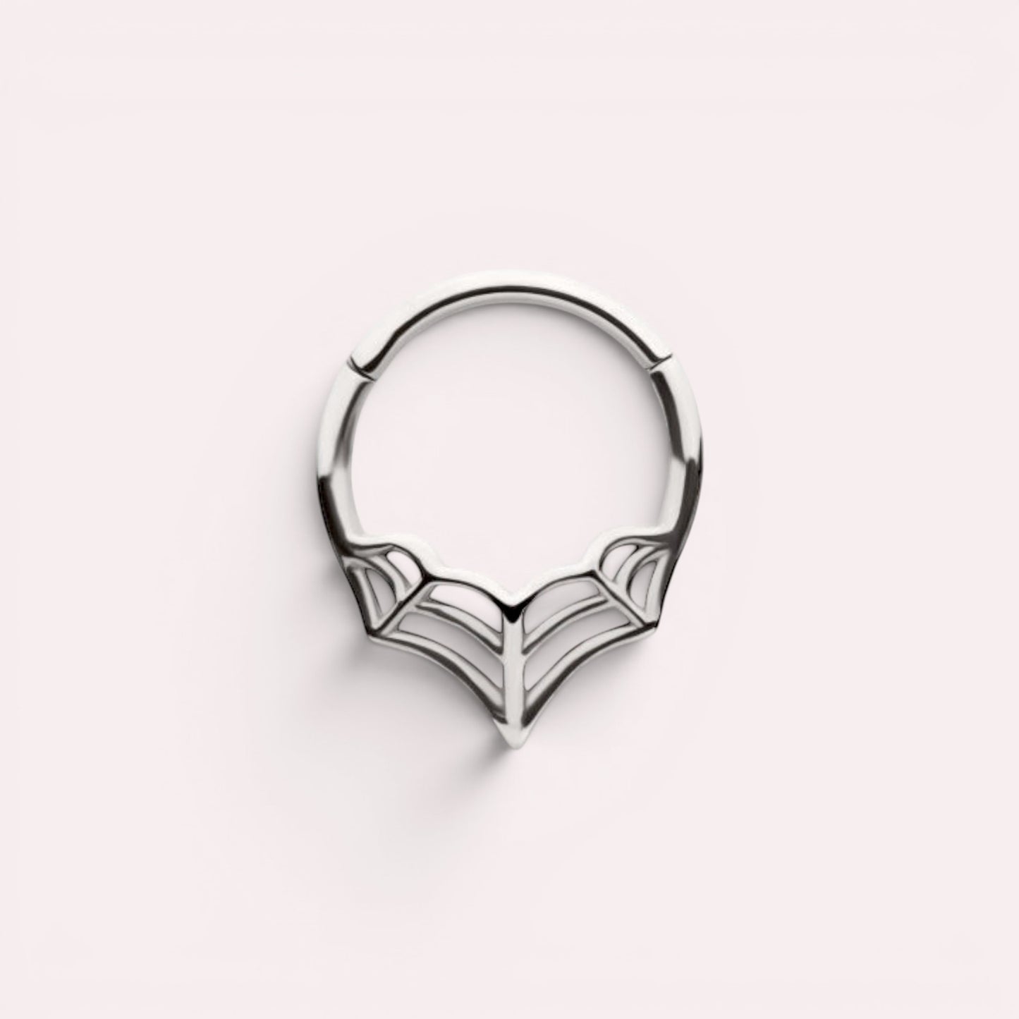 MKBodyJewelry 16G silver surgical steel spider web septum clicker ring with a hinged segment design.