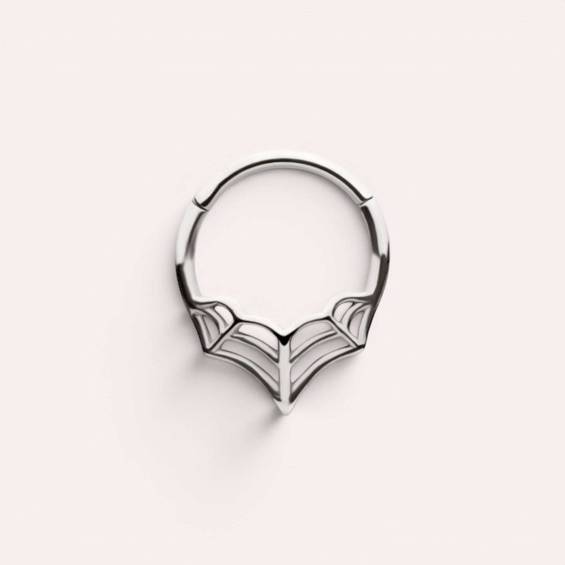 MKBodyJewelry 16G silver surgical steel spider web septum clicker ring with a hinged segment design.