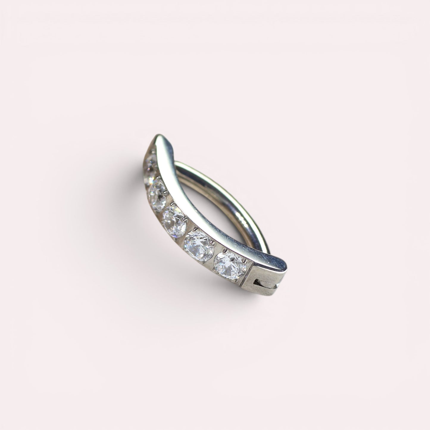 MKBodyJewelry minimalist silver titanium belly clicker ring with five clear gems. 14g, 10mm.