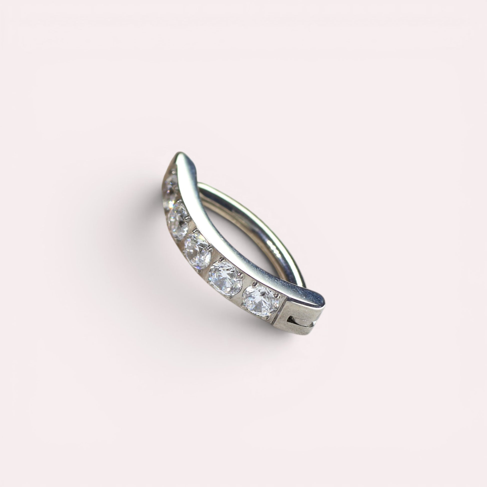 MKBodyJewelry minimalist silver titanium belly clicker ring with five clear gems. 14g, 10mm.