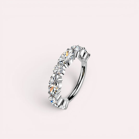 MKBodyJewelry silver titanium nose clicker ring with sparkling CZ gems in a minimalist hinged hoop design