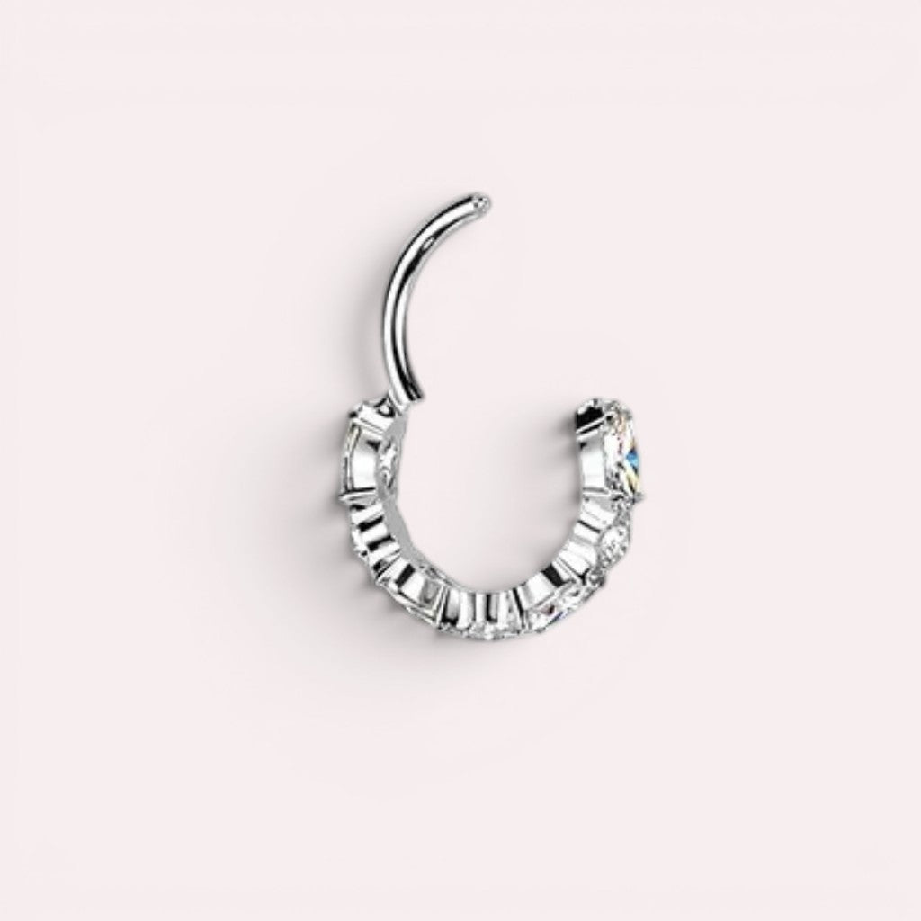 MKBodyJewelry silver titanium nose clicker ring featuring a row of sparkling CZ gems in a minimalist hinged hoop design.