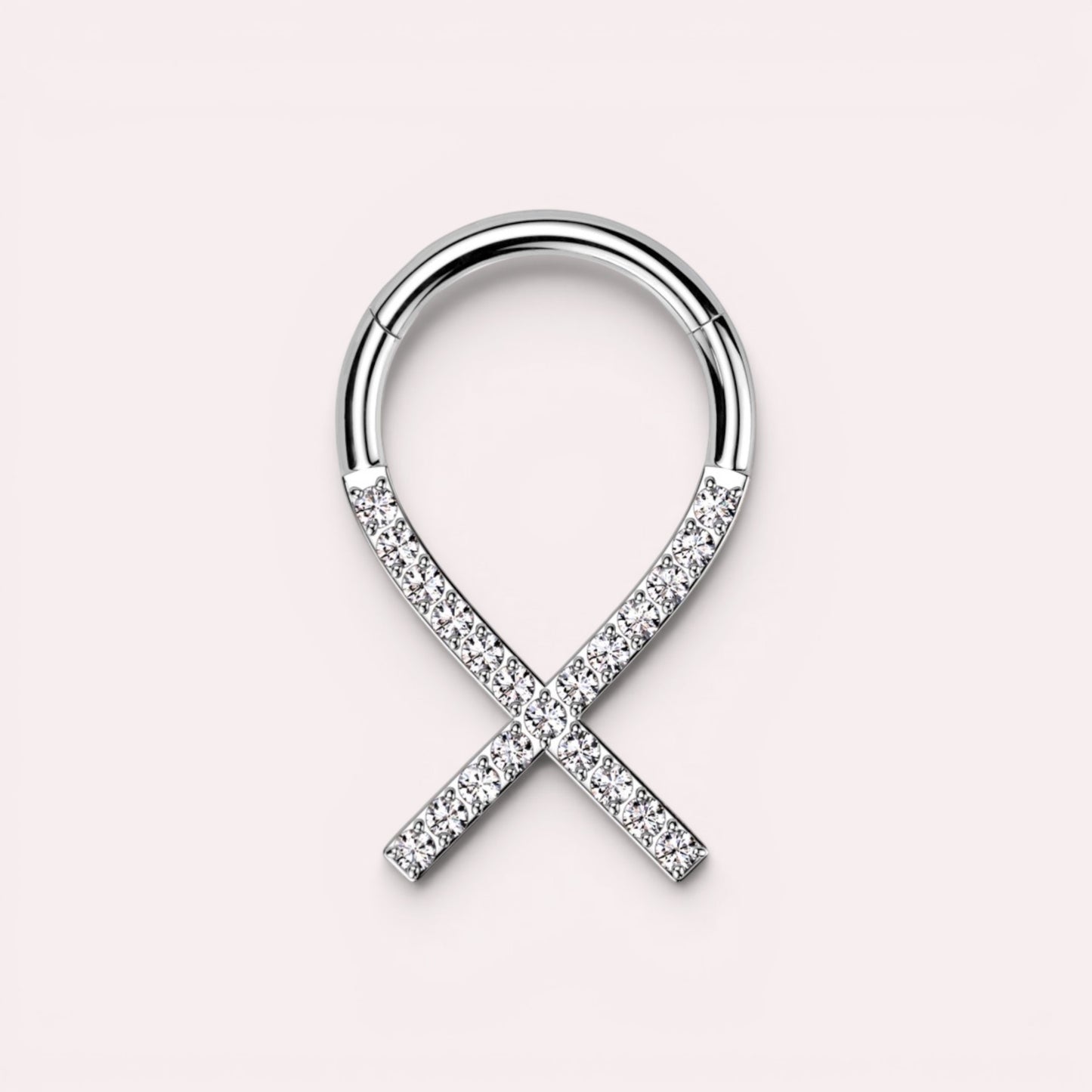 MKBodyJewelry silver titanium septum clicker ring with clear gems in a criss-cross design, 16g