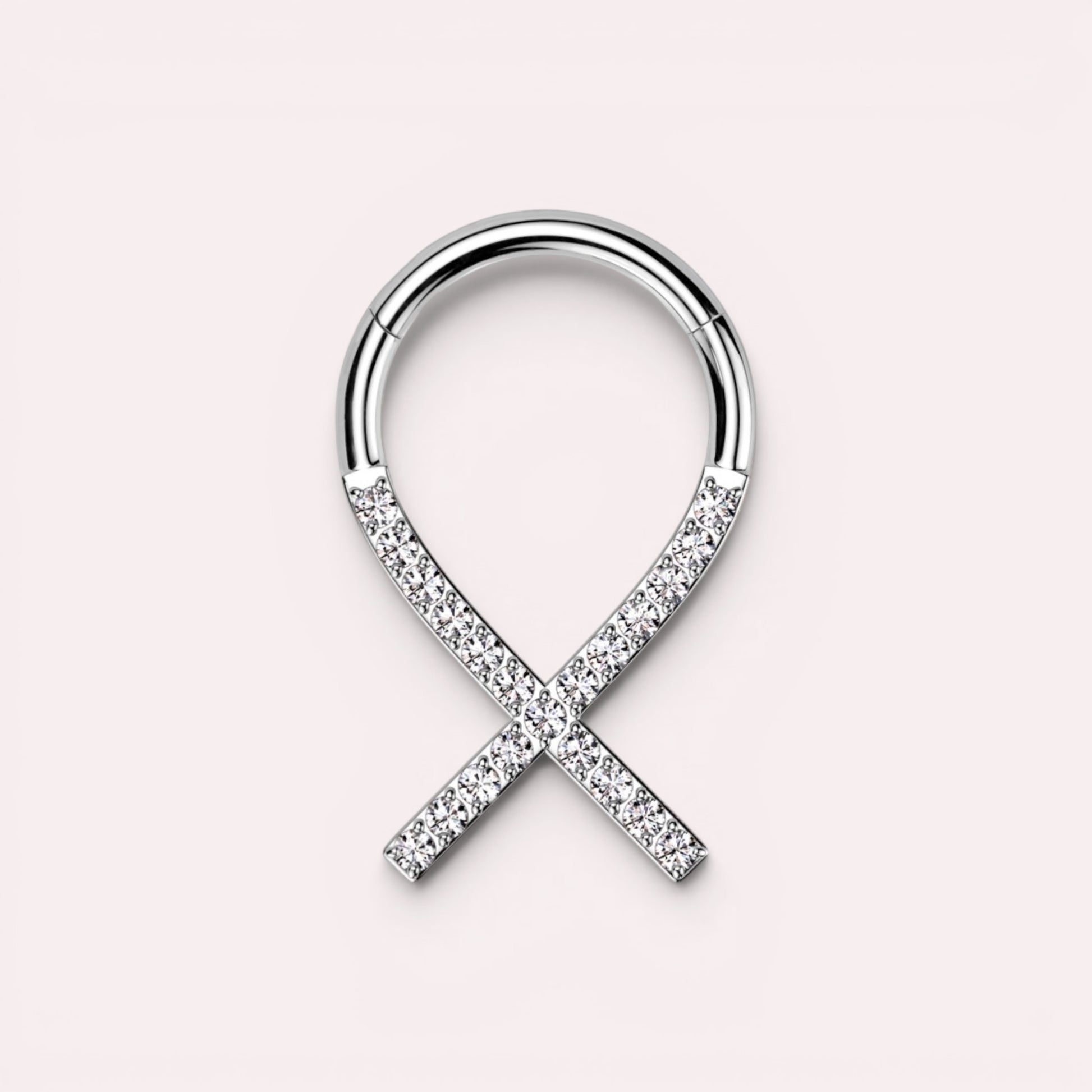 MKBodyJewelry silver titanium septum clicker ring with clear gems in a criss-cross design, 16g