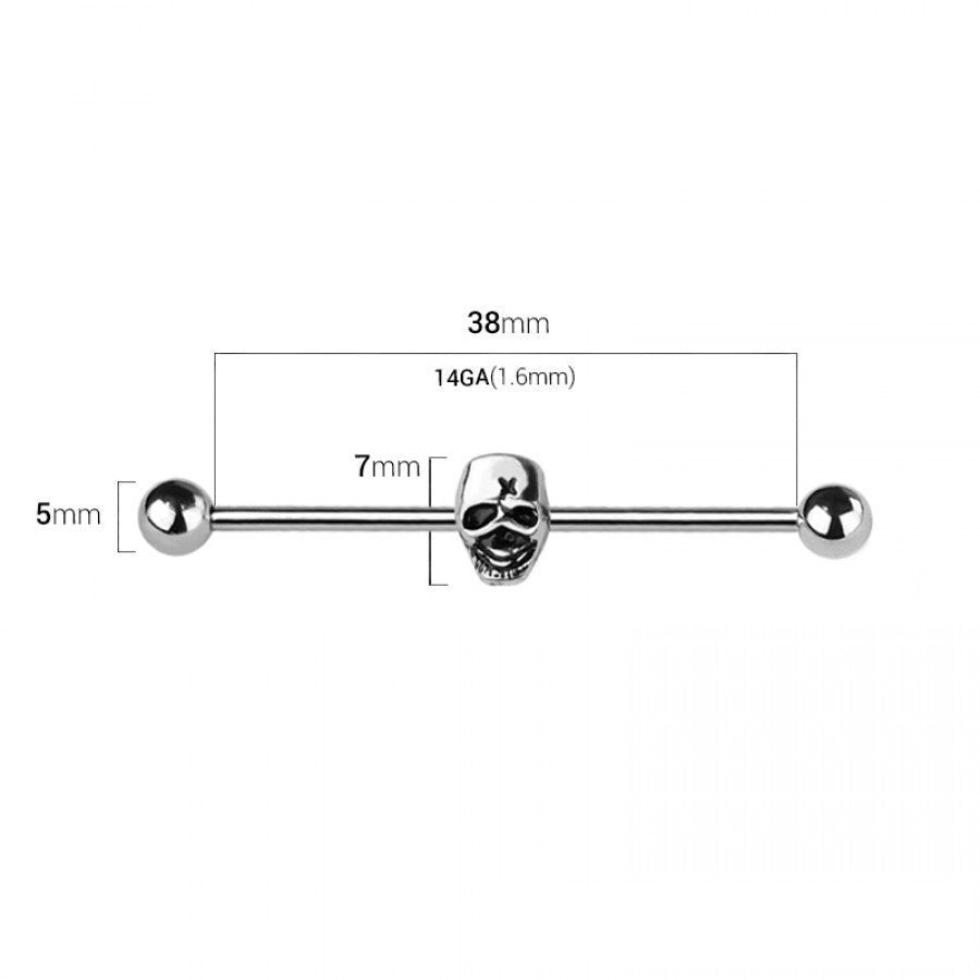 MKBodyJewelry 14G surgical steel industrial barbell with a skull charm and measurement dimensions
