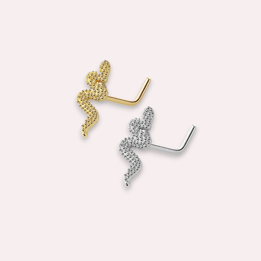 MKBodyJewelry 20g surgical steel snake nose studs in gold and silver with L-bend posts for secure everyday wear.