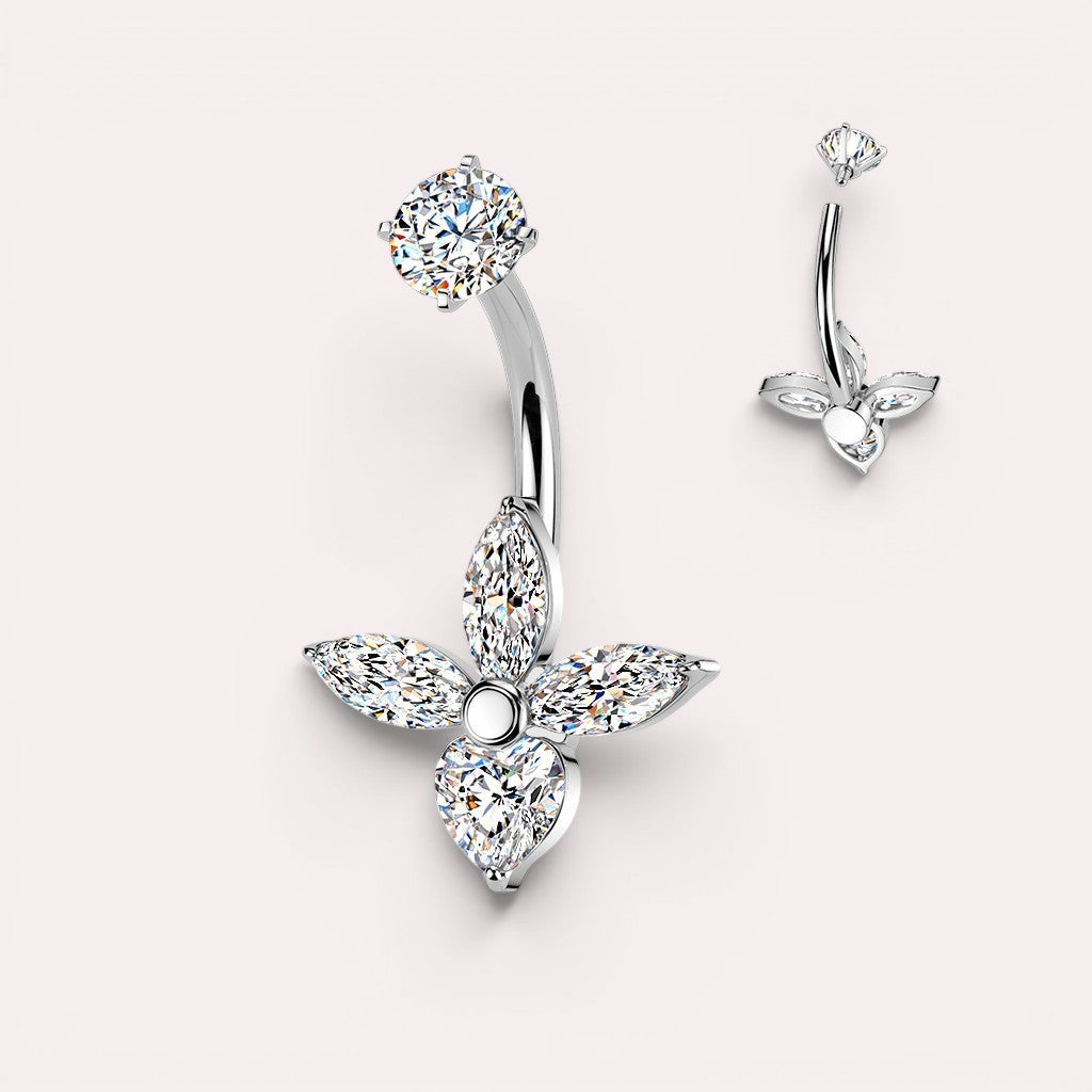 MKBodyJewelry sparkling flower belly button ring with cubic zirconia stones in silver tone.