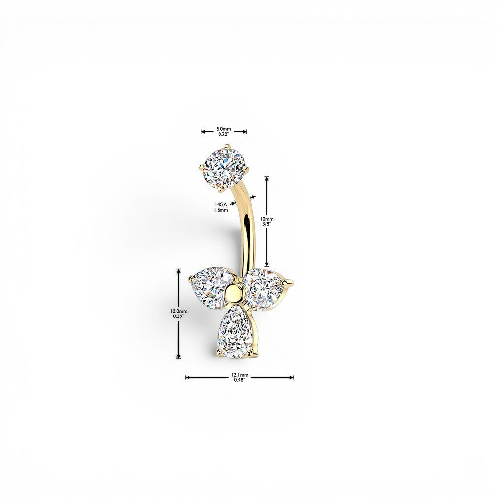 MKBodyJewelry gold-tone belly button ring with floral cubic zirconia design. Surgical stainless steel.