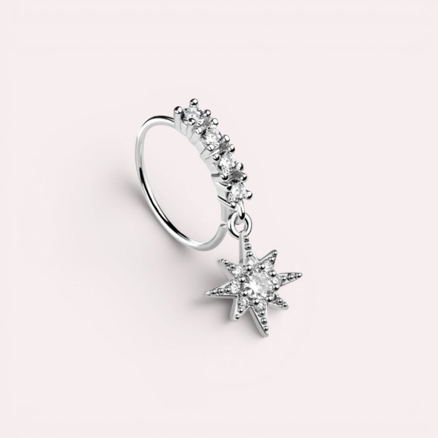 MKBodyJewelry 20g silver surgical steel nose hoop with a dangling CZ star charm and sparkling crystal accents.