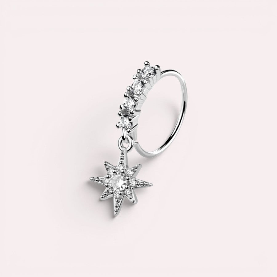 MKBodyJewelry silver surgical steel nose hoop with a dangling star charm and sparkling CZ stones for nose or cartilage