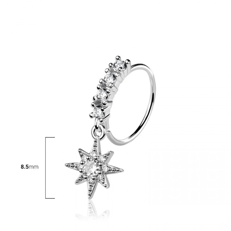 MKBodyJewelry silver surgical steel nose hoop with CZ star charm and crystal accents for nose or cartilage piercing.