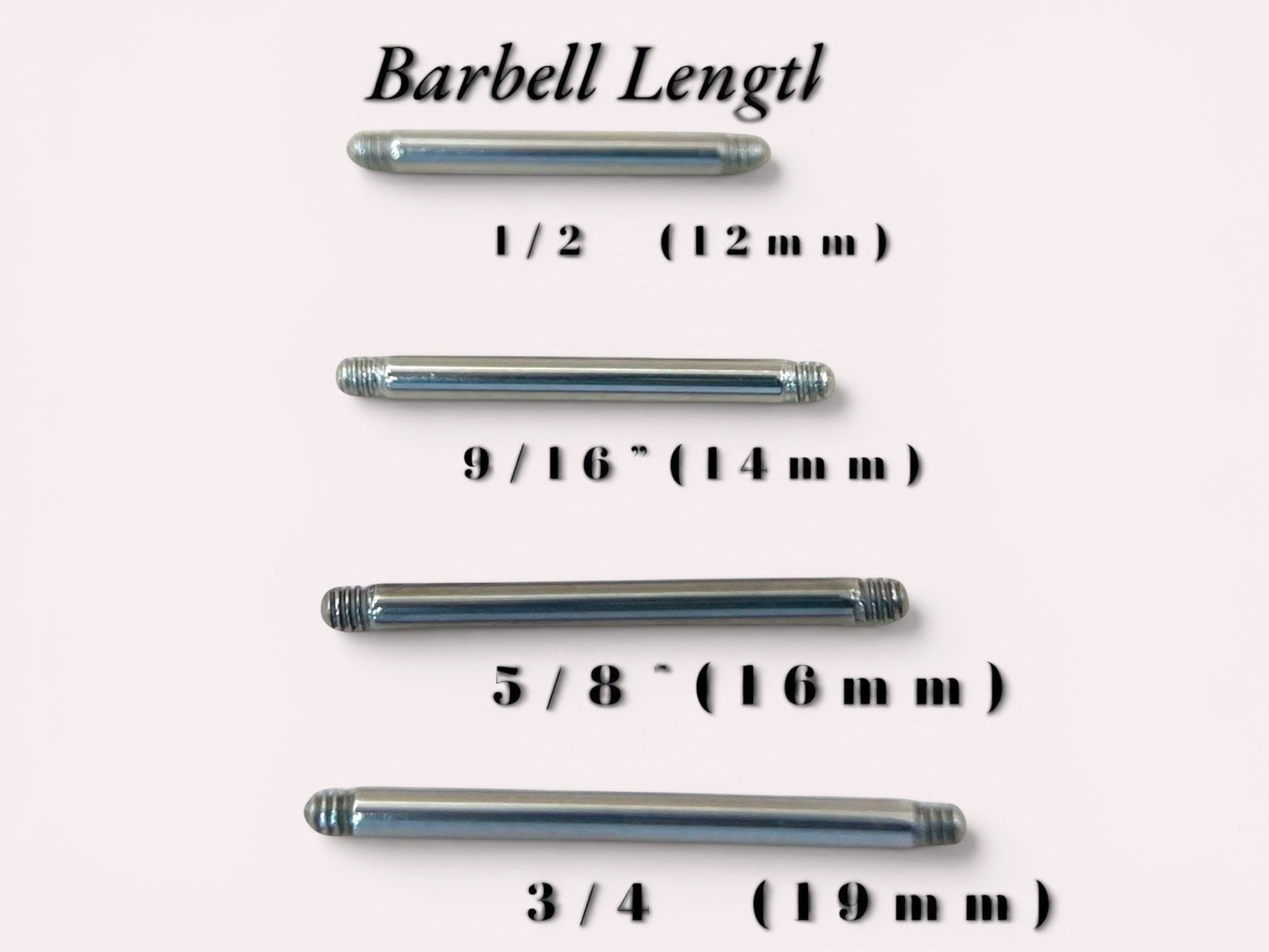 MKBodyJewelry surgical steel nipple barbells in 14g with multiple length options: 1/2", 9/16", 5/8", 3/4".
