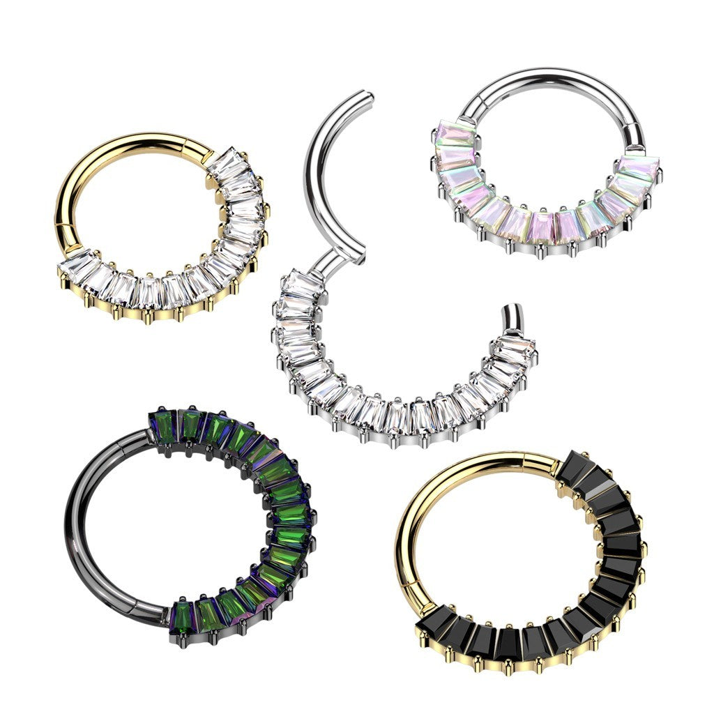 MKBodyJewelry titanium septum clicker rings featuring baguette-cut CZ crystals in various metallic and stone colors.