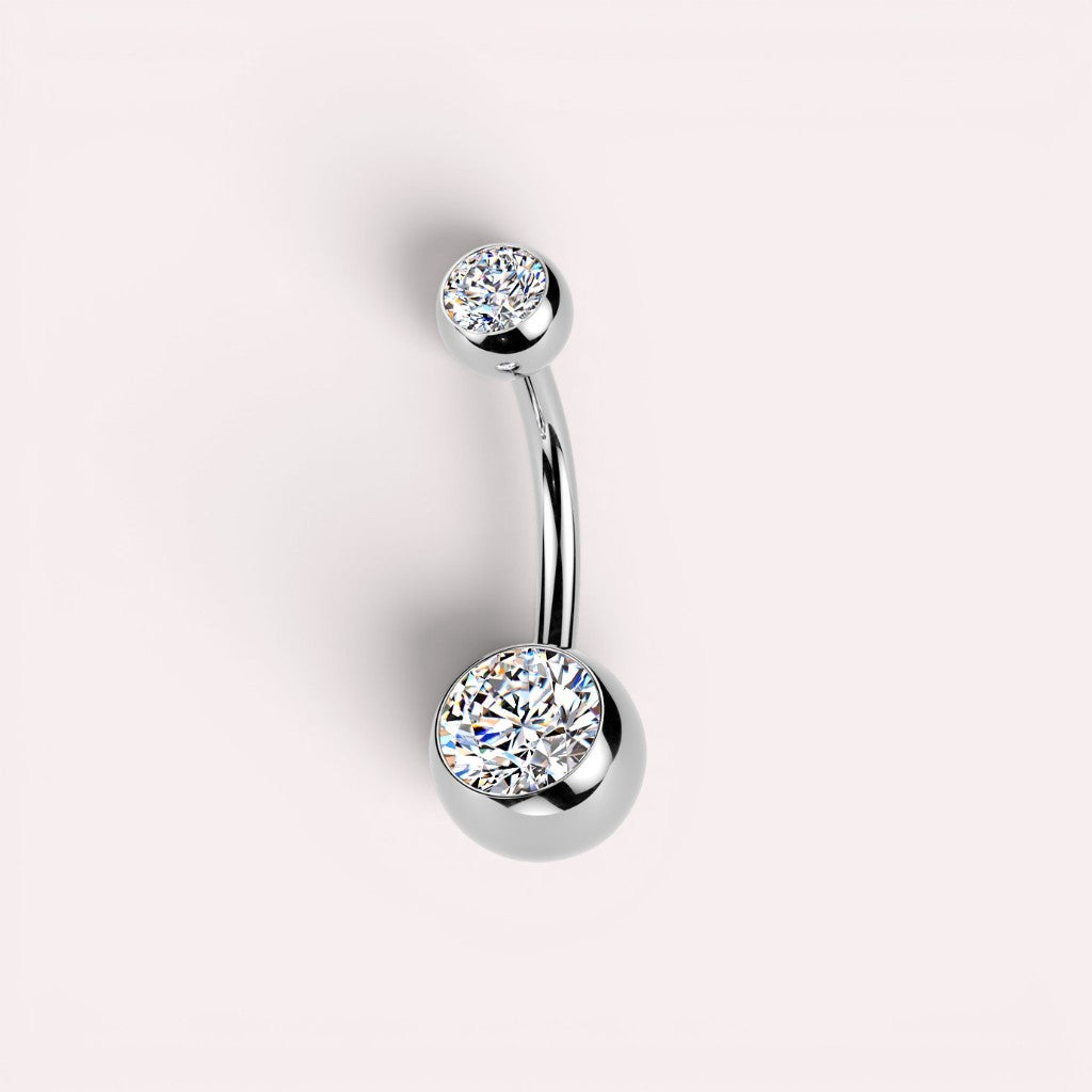 MKBodyJewelry titanium belly button ring with double clear CZ jewels in a sleek internally threaded design.