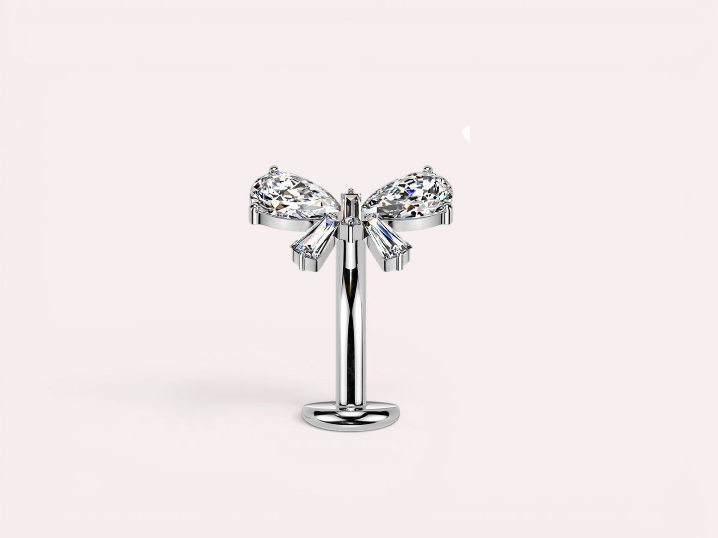 MKBodyJewelry dainty titanium threadless push in belly ring with clear crystal bow design. 14G.
